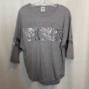 PINK Victoria's Secret Gray Sequin Logo Short Sleeve Tee